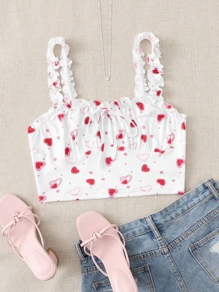 

tie front ruched bust heart print m6i1#, White