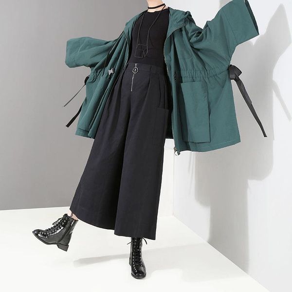 

women's trench coats fashion women long sleeve casual coat plus size hooded elastic waist big pockets female loose windbreaker, Tan;black
