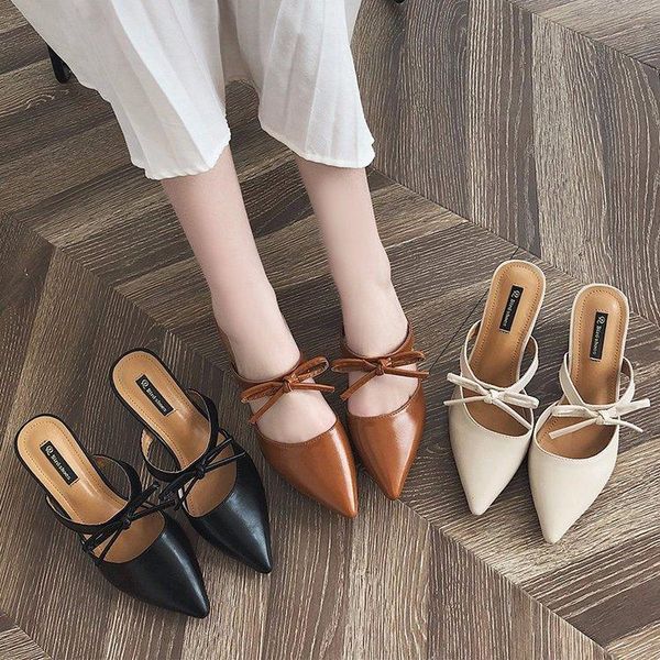 

slippers female shoes cover toe low womens outdoor square heel slides heeled mules butterfly-knot 2021 pointed block high pumps, Black