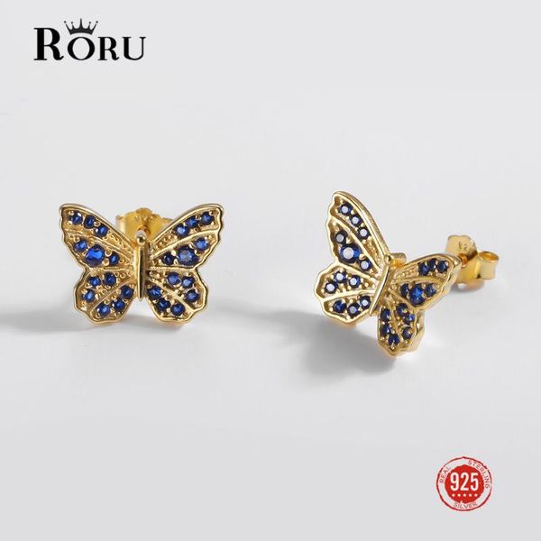 

sterling silver 925 stud earrings blue zircon butterfly gold ear jewelry trendy sweet gift for women, Golden;silver