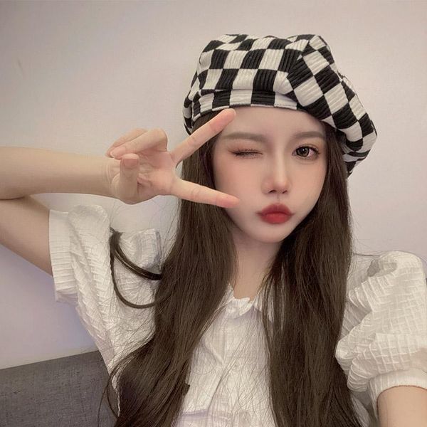 

stingy brim hats japanese black and white checkerboard lattice velvet beret women spring autumn big head cloud hat, Blue;gray