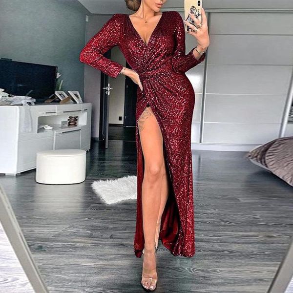 

elegant women sequins long sleeve v-neck irregular evening nightclub party dresses casual, Black;gray