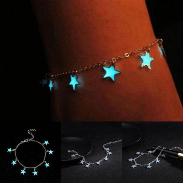 

charm bracelets women blue night light pentagon star beach wind and silver plated chain anklets leg tornozeleira feminina tobilleras mujer, Golden;silver