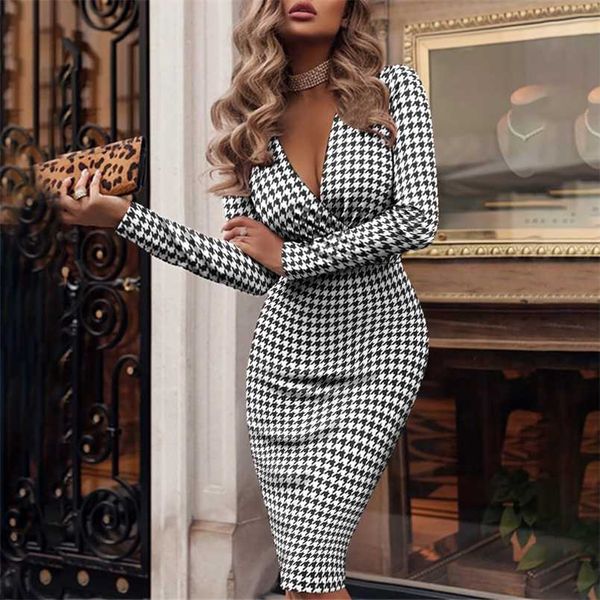 Sonbahar Uzun Kollu Bodycon Zarif Ofis Lady Elbise Moda Houndstooth Baskı Kadınlar Için Seksi V Yaka Ince Kalem Elbiseleri 211221