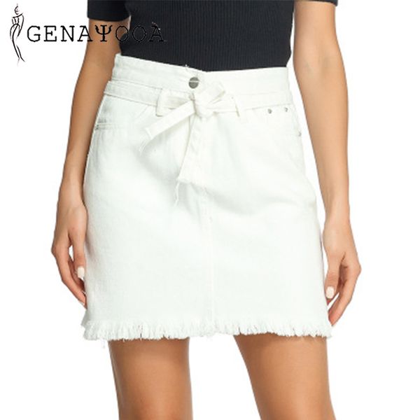 

genayooa casual a line women lace up cotton summer harajuku jeans short high waist skirt button 210417, Black