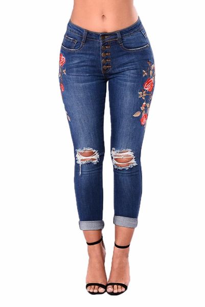 

women's rose embroidered ripped skinny distressed denim jeans, Blue