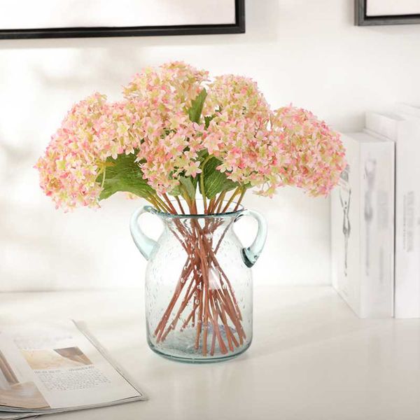 

artificial fake flowers hydrangea 3 mini heads bouquet silk flower with leaves autumn real touch wedding home garden decoration decorative &