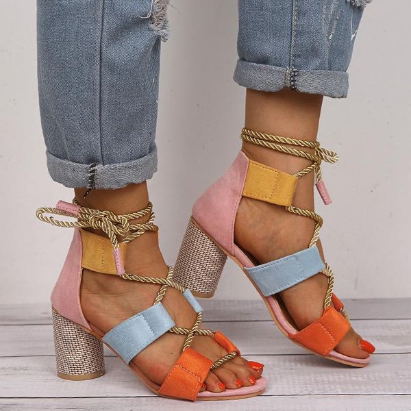 

sandals summer slope with straw ladies 5cm high heel pointed fish mouth fashion personality lace up, Black