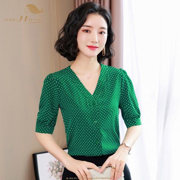 

women's blouses & shirts sishion women vintage polka dot green vd1497 plus size half sleeve autumn for ladies, White