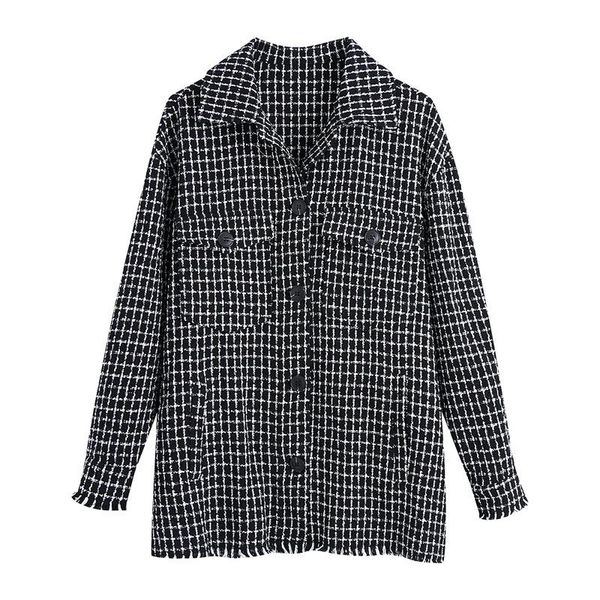 

women's jackets women 2022 fashion with pockets oversized tweed check jacket coat vintage long sleeve frayed outerwear streetwear, Black;brown