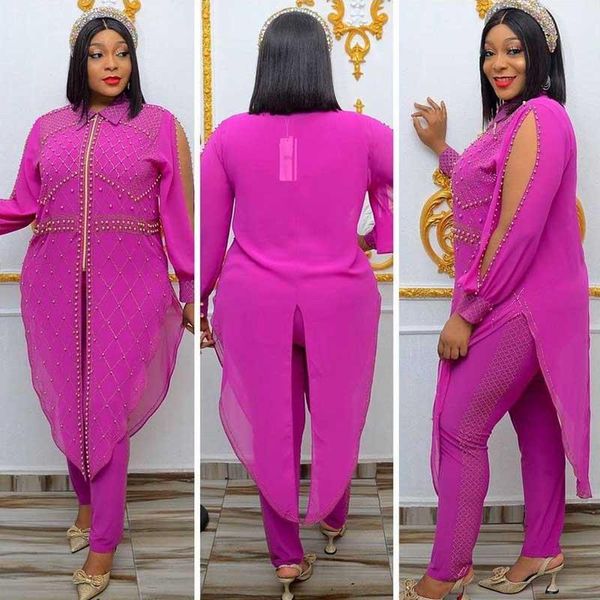 

ethnic clothing 2 piece women set african autumn chiffon two asymmetry + pants suits beading casual outfit dashiki africa, Red