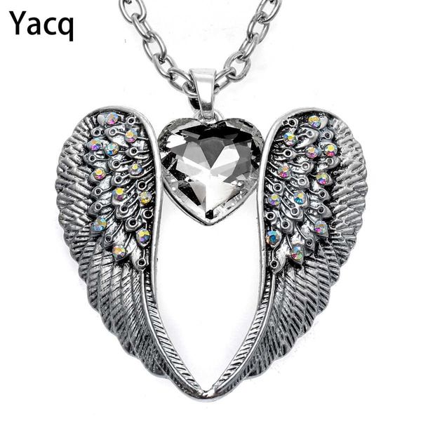 YACQ Guardian Angel Angel Wing Сердце Ожерелье Античный Серебряный Цвет Женщины Девушки Байкер Блен Кристаллические Украшения Подарки Drop NC06