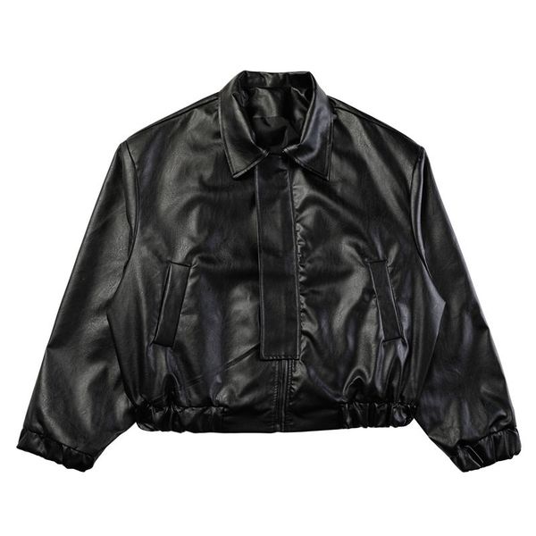 

men's fashion chic pu leather jacket 2021 new loose lapel zipper long sleeve black oversize short coat autumn winter chic