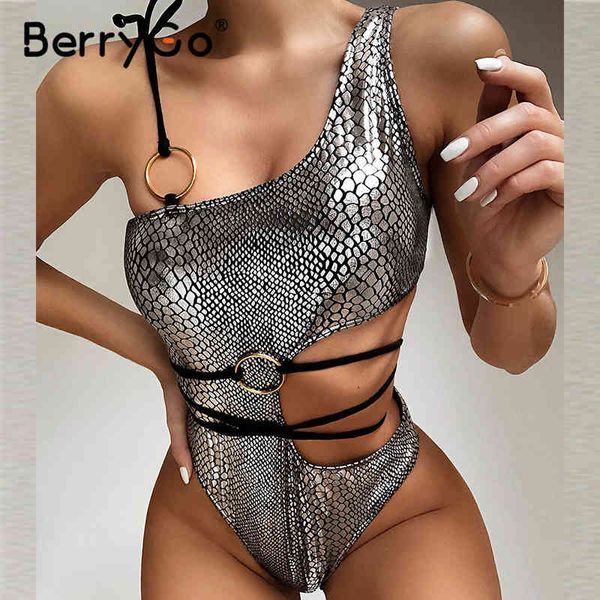 

berrygo bandage snake print women swimsuit monokini brazilian bikini mujer bathers high cut swimwear biquini 210513, White;black