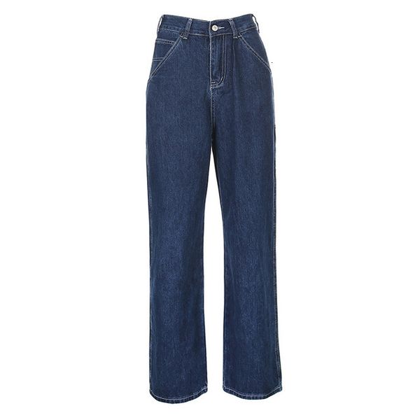

women's retro blue woman causal loose baggy high waist ny pockets cargo pants zipper button wide leg jeans mujer pantalones