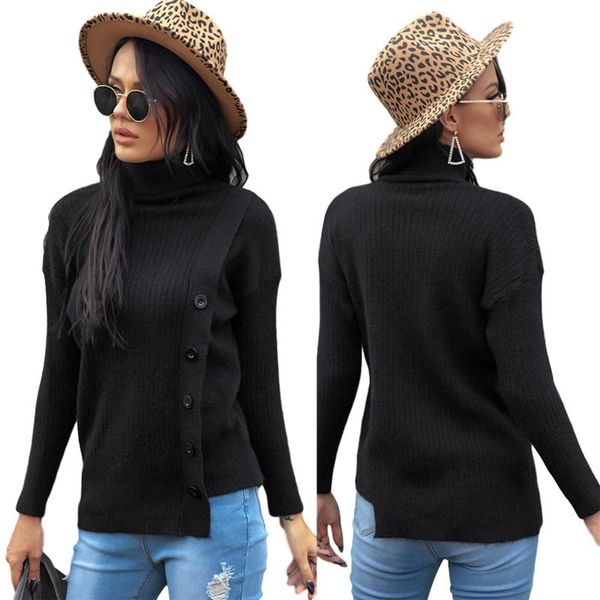 

women's sweaters autumn leisure long sleeve sweater casual loose high collar blouse irregular solid color black top, White;black