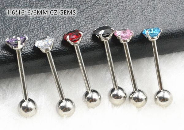 50 ADET Dil / Meme Kalkan Yüzük Barbells Düz Bar 14g Parlak CZ Taşlar Vücut Piercing Takı 16 * 16 * 6 / 6mm