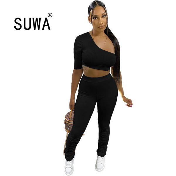 

knitted ribbed women clothing set one shoulder crop stacked pants suit active wear tracksuit two piece fitness outfit 210525, White