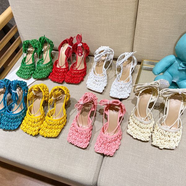 

women woven leather rhinestone mesh sandals shoes fashion square toe high heel sandal slides r ladies office party wedding dress shoes size, Black