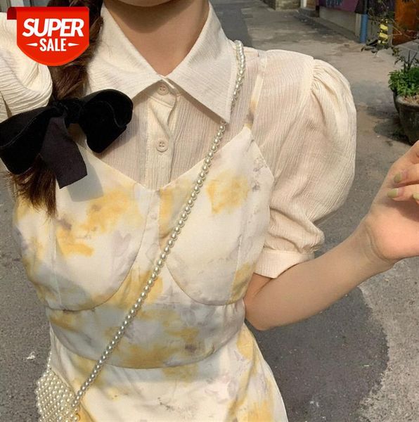 

chiffon floral sweet girl feel sling dress + short sleeve shirt fashion set #3s3d, Black