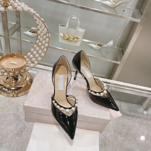 

dress shoes summer star same pearl high heels patent leather fashion temperament pointed thin heel single shoes women, Black