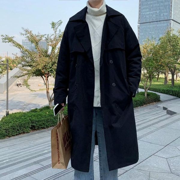 

men's trench coats korean fashion coat spring and autumn clothes long overcoat men clothing, Tan;black