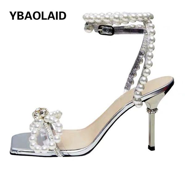 

sandals fashion square head beaded one word buckle transparent summer open toe pearl rhinestone bow stilettos, Black