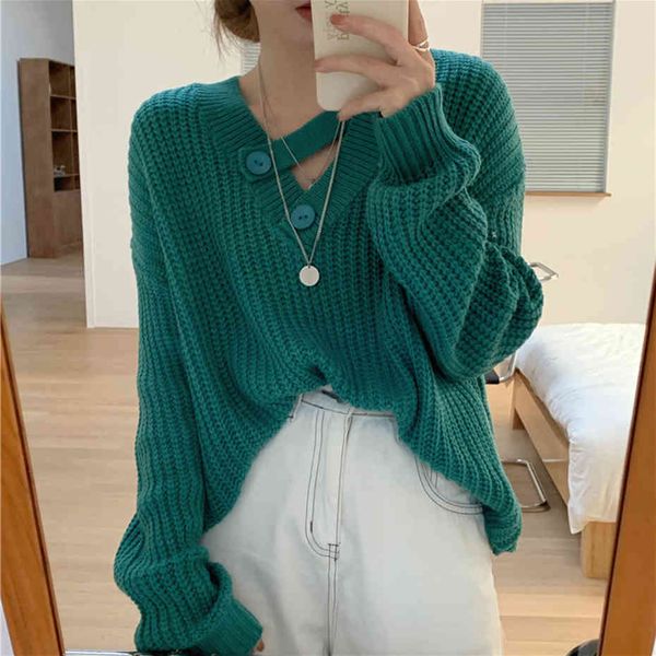 

qoerlin chic apricot knitted sweater women casual button v-neck pullover sweater femme autumn winter retro jumper clothing 210416, White;black