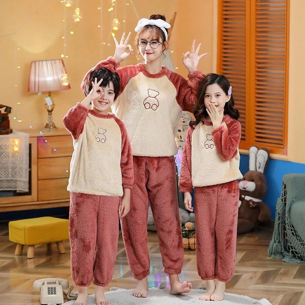 

family matching outfits winter mom and daughter son pajamas set flannel sleepwear +pants two piece sets kids boys girls match clothes, Blue