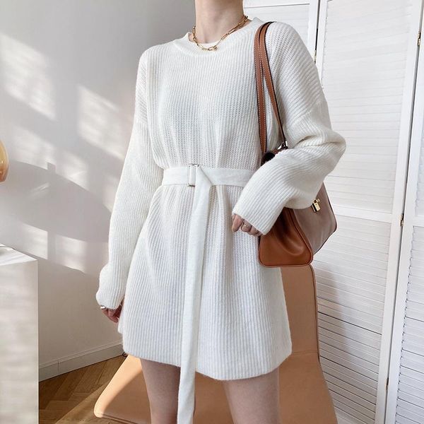 

casual dresses autumn winter mini sweater dress women's 2021 thickened pullover long sleeve round neck bottomed, Black;gray
