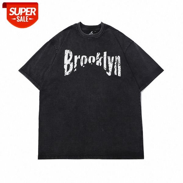 

washed old letters printed short-sleeved t-shirt men's street flow loose half-sleeved round neck five-point sleeves #mb3o, White;black