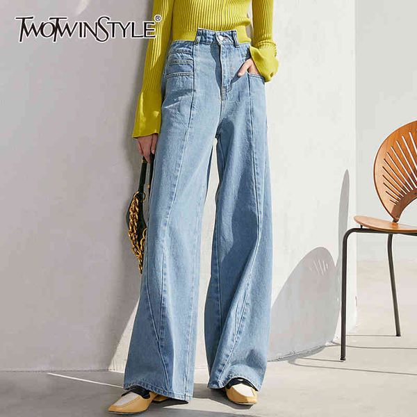 

twotwinstyle casual irregular jeans for women high waist casual straight wide leg denim pants female fashion clothing 210517, Blue