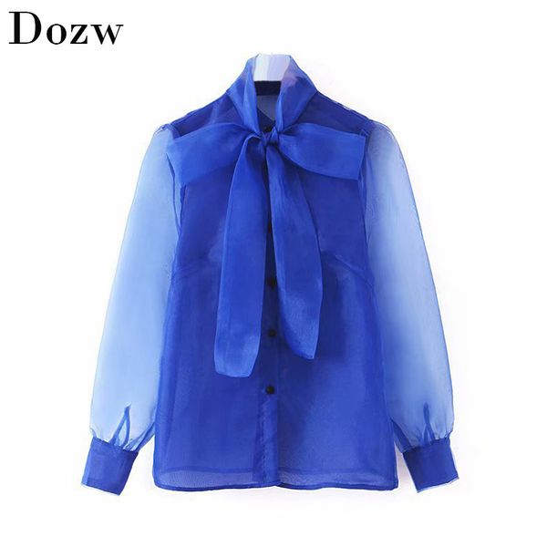 

chic bow collar women solid blouse elegant organza long sleeve stylish blue transparent shirt female button blouse tunic 210414, White
