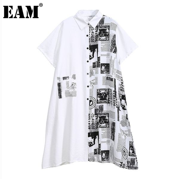 

[eam] women black casual irregular printed spliced dress lapel short sleeve loose fit fashion spring summer 1dd8548 21512, Black;gray