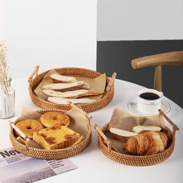 

storage baskets hand-woven basket with handle tea fruit round rattan tray wicker bread food breakfast home decoration