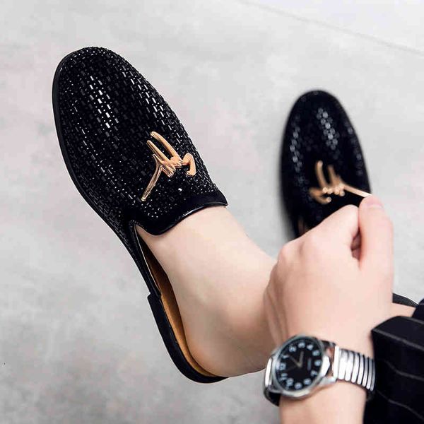 

slippers summer men dress shoes half leather casual party loafers lightweight soft flats sandals h6os, Black