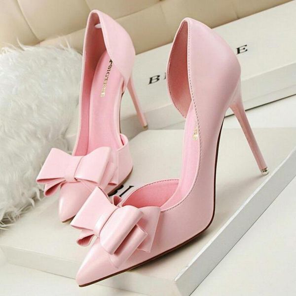 

colors korean sweet bowtie pointed toe women pumps fashion patent leather side cut-outs shallow high heels shoes dress, Black
