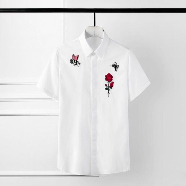 

men's casual shirts summer mens luxury flower embroidery long sleeve dress plus size 4xl solid color slim fit man, White;black