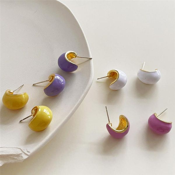 

hoop & huggie aomu french colorful metal enamel c-shaped earrings simple irregular geometric smooth for women party accessories, Golden;silver
