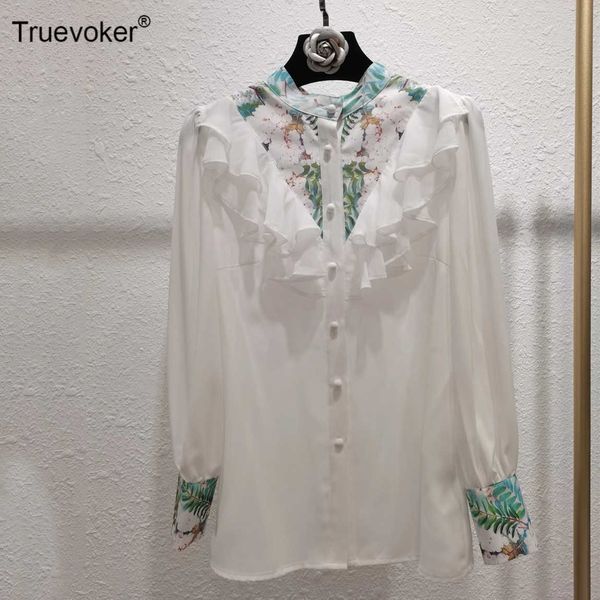 

truevoker spring runway fashion blouse female stand collar full sleeve floral print ruffles chiffon 210602, White