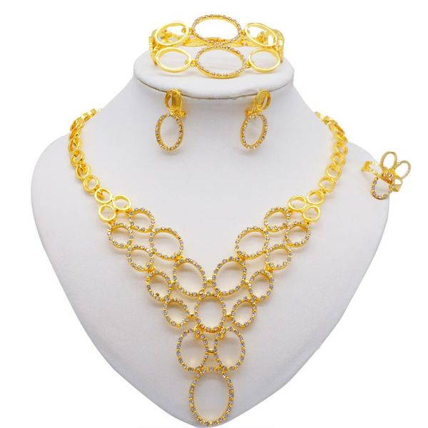 

earrings & necklace fashion wedding bridal geometric circle crystal rhinestone jewelry sets african dubai gold color statement jewellery cos, Silver