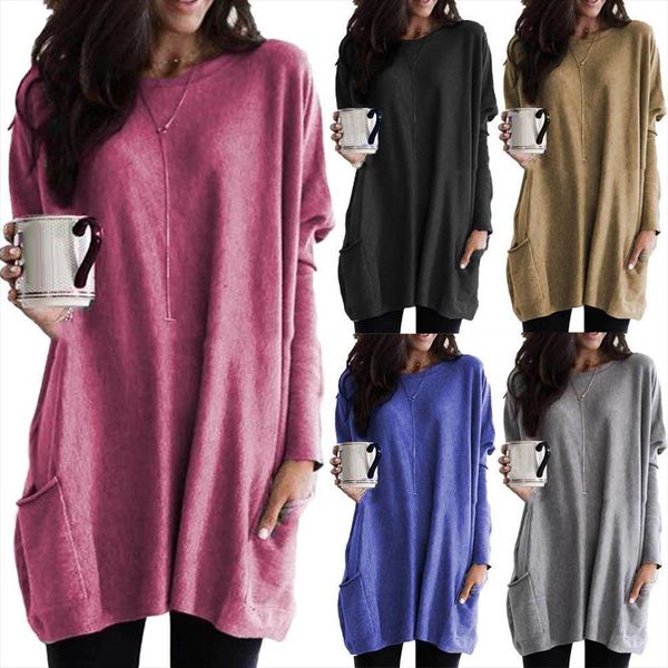 

plus size women solid womens sweaters color o neck long sleeve t shirt tunic with pockets, White;black