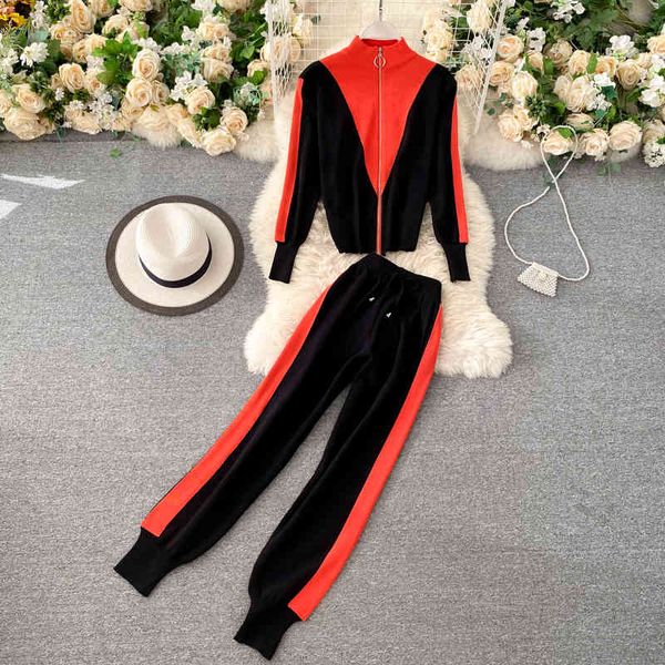 

women autumn winter korean casual tracksuit suits stand collar zipper +high waist jogging pants two pieces set 210419, White