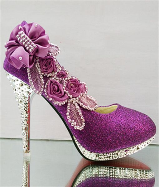 

purple diamond flowers wedding shoes flower pumps high heels bridal shoes 8cm 10cm prom shoes for lady, Black