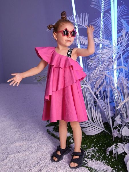 

toddler girls ruffle trim asymmetrical neck smock dress she, Red;yellow