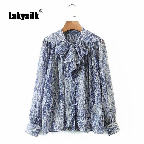 

brand snake print women blouses & shirts long sleeve chiffon bow neck autumn button for ladies navy women's, White