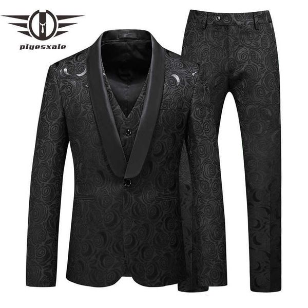 Plyesxale Abito jacquard floreale nero da uomo 2020 Autunno primavera Ultimi abiti da sposa per lo sposo 5XL Abito da ballo in scena a tre pezzi Q954 X0909