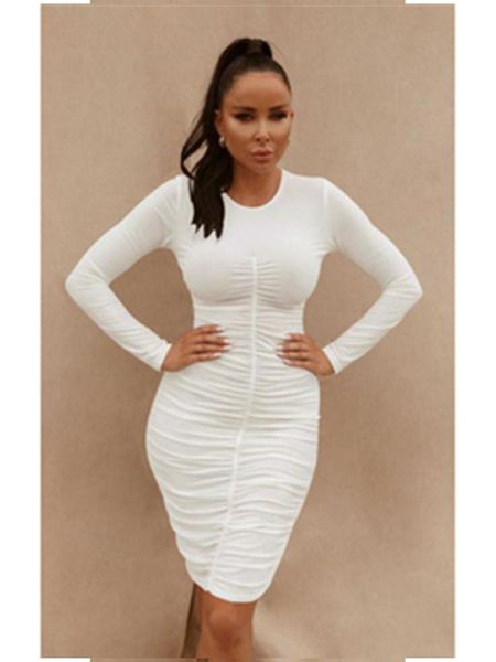 

casual dresses aniow long sleeve o-neck pleated stacked midi dress skinny bodycon autumn vintage vestidos street party clubwear, Black;gray