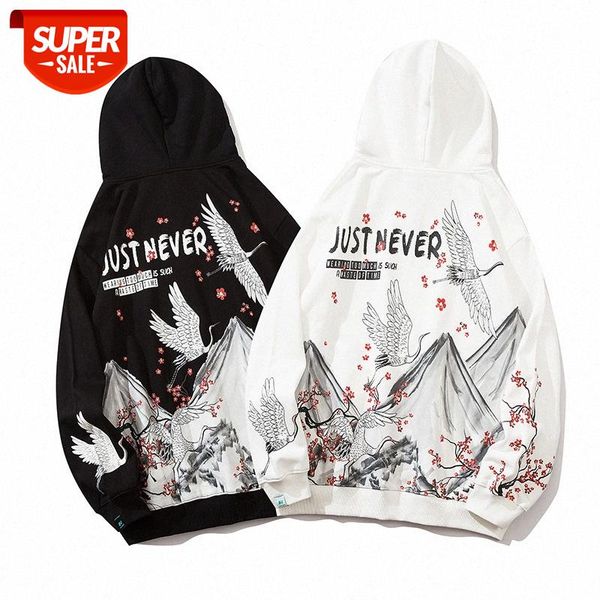 

casual fashion men's hip-hop street loose sweater crane print hoodie pullover long sleeve men #6v7l, Black