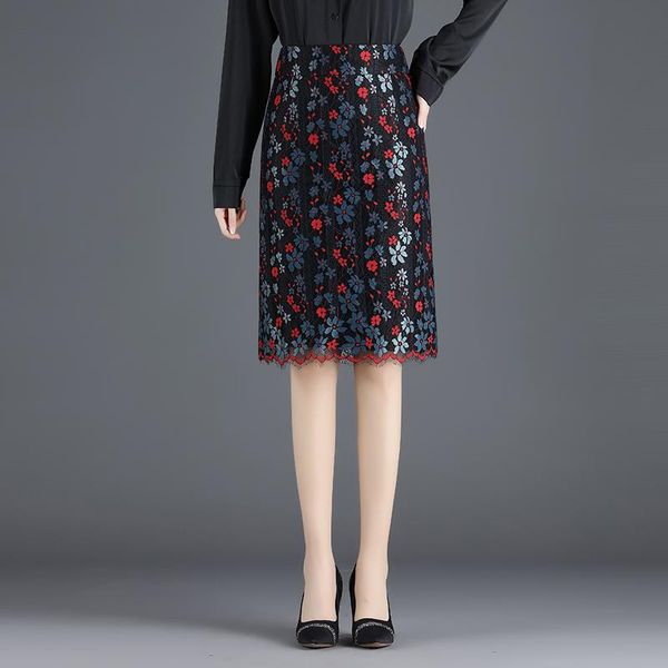 

skirts 2021 fall spring women high waisted placket floral lace pencil skirt , office woman clothes career slim 4xl knee length, Black